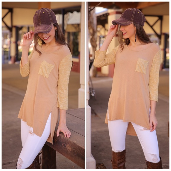 ✨LAST ONE✨Mixed knit High low tunic Taupe/Mustard - Picture 4 of 5